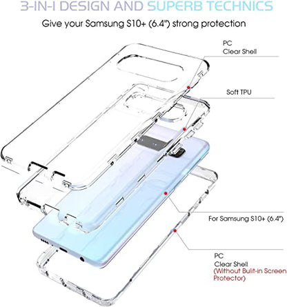 KIOMY Clear Case for Samsung Galaxy S10+ / S10 Plus, 3 in 1 Shockproof Bumper Protective Phone Cover, Hybrid Design Hard PC Shell + Front Cover + Flexible TPU Bumper - color: Front Frame Included
