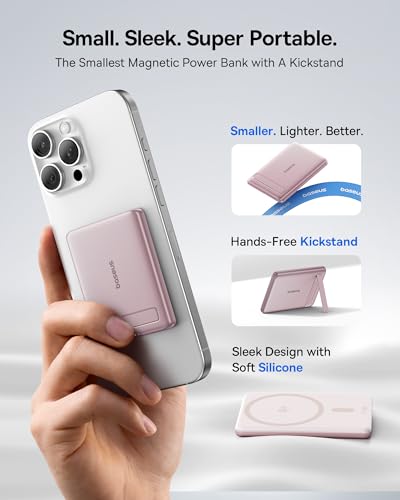 Baseus Picogo Power Bank, Smallest Qi2 Certified 15W MagSafe Portable Charger, 0.5" Ultra Slim 5000mAh Magnetic Battery Pack with Stand, Alloy Wireless Charger for iPhone 17 Pro Max/17 Air/16 Series - color: Nebula Pink