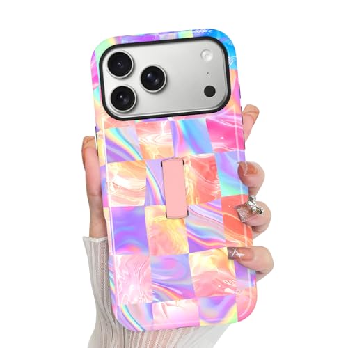 KANGHAR Compatible with iPhone 17 Pro Case Checkered -Iridescent | Silicone Cute Pattern, Finger Hold Wristband Kickstand Camera Protection Soft Slim Phone Case for Girls Women - color: (Checkered)Iridescent Gradient, size: iPhone 17 Pro