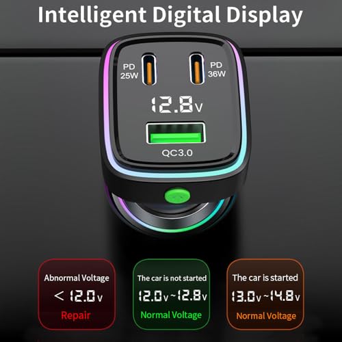 60W Fast Car Charger USB C Quick Charging Adapter PD 36W Fast Charging with Led and Voltage Display for iPhone16 15 X Samsung