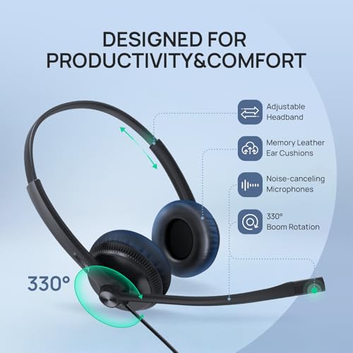 Yealink Phone Headsets for Office Phones YHS34 QD to RJ9 Wired Headset - color: leather Ear Cushions, size: Dual