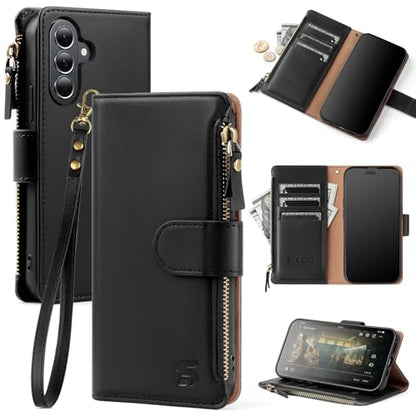 Shieldtop Compatible with Samsung Galaxy A37 5G Wallet Case with Card Holder,PU Leather Phone Case Flip Protective Cover Wrist Strap Zipper Credit Card Slots RFID Blocking Women Men,Black - color: Black