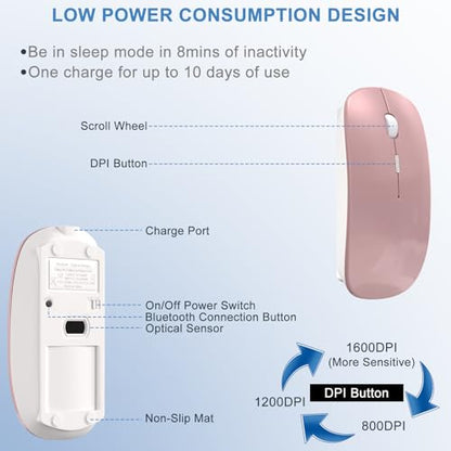 Bluetooth Wireless Mouse for MacBook Air Mac Pro Laptop Computer iPad Pad PC Laser Optical Rechargeable Mini Slim Silent Mouse Widely Used Desktop Hp iMac (Rose Gold) - color: Rose Gold