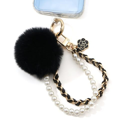 WOZEAH Phone Charm for Women, Beaded Wrist Strap Lanyard with Tether Tab – Detachable Phone Chain Wristlet - color: Black Pompom