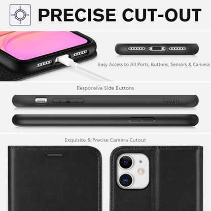 TUCCH Wallet Case for iPhone 11 (6.1") 2019, 3 Card Holders, Black | RFID Blocking, Viewing Stand, Shockproof TPU Shell, PU Leather, Magnetic Closure, Protective Folio Flip Cover - color: Black