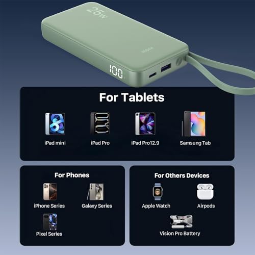 JUOVI 25W Portable Charger 10000mah Power Bank Built-in USB-C Cable - color: Green