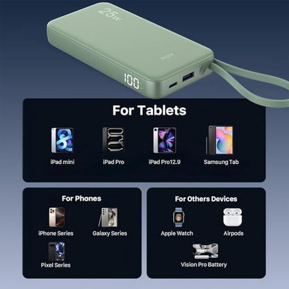 JUOVI 25W Portable Charger 10000mah Power Bank Built-in USB-C Cable - color: Green