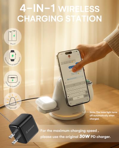 ZEEHOO 3 in 1 Charging Station for Apple Devices, Mag-Safe Charger Stand&Light,Fast Wireless Charging Station for iPhone 17/16/15/14/13/12&AirPods&iWatch&Pixel 10& Samsung Galaxy Watch-30W Adapter - color: Grey