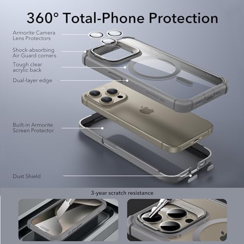 ESR for iPhone 15 Pro Case with Stand, Compatible with MagSafe, Full-Body Military-Grade Drop Proof Case with Built-in 9H+ Tempered Glass Screen Protector, Armor Series, Clear Grey - color: Clear Grey + Stand