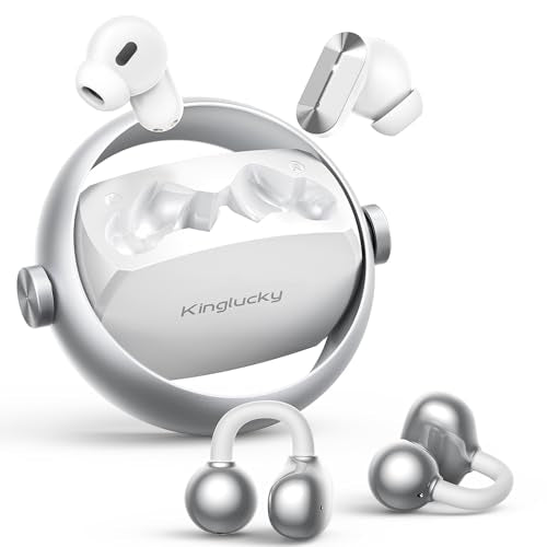 Kinglucky 2-in-1 Wireless Earbuds, in-Ear & Open Ear Clip-On Earbuds Comfortable fit, Bluetooth Headphones 5.4 with Noise Cancelling Mic, Power Swap Charging, Up to 50H, White