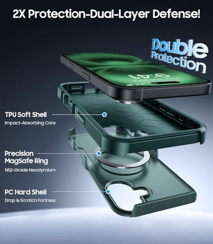 Magnetic for iPhone 16 Case Rugged Dual-Layer Shockproof Green | Military-Grade Heavy Duty Protection, Fit for Magsafe, Matte Finish Scratch Resistant Anti-Fingerprint, Anti-Slip Phone Cover - color: Green