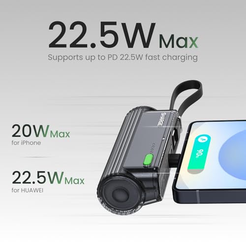 Mini Power Bank 5000mAh for iPhone, 22.5W Built-in Cable Portable Charger - color: Black