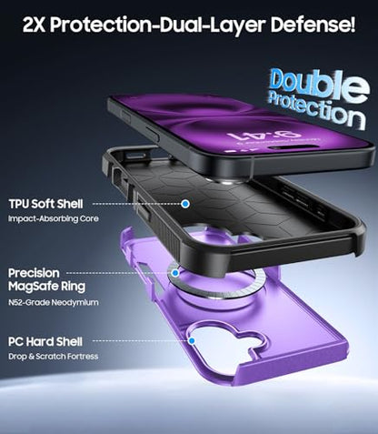 Magnetic for iPhone 17 Case Rugged Dual-Layer Shockproof Purple | Military-Grade Heavy Duty Protection, Fit for Magsafe, Matte Finish Scratch Resistant Anti-Fingerprint, Anti-Slip Phone Cover - color: Purple