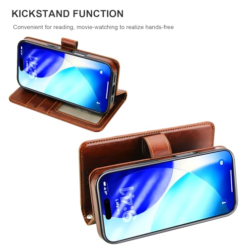 Bocasal Detachable Wallet Case Card Holder for iPhone 17, Brown | RFID Blocking Kickstand Card Slots Holder PU Leather Magnetic Shockproof Wrist Strap Removable Flip Protective Cover 6.3 inch - color: Brown