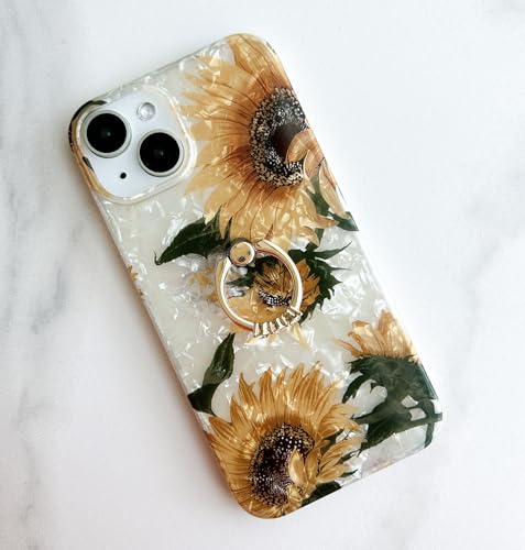 Qokey for iPhone 13/14 Case 6.1 inch,Flower Design Cute Clear for Women Girls with 360 Degree Rotating Ring Kickstand Soft TPU Shockproof Cover Sunflower - color: Sunflower