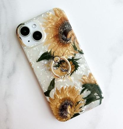 Qokey for iPhone 13/14 Case 6.1 inch,Flower Design Cute Clear for Women Girls with 360 Degree Rotating Ring Kickstand Soft TPU Shockproof Cover Sunflower - color: Sunflower