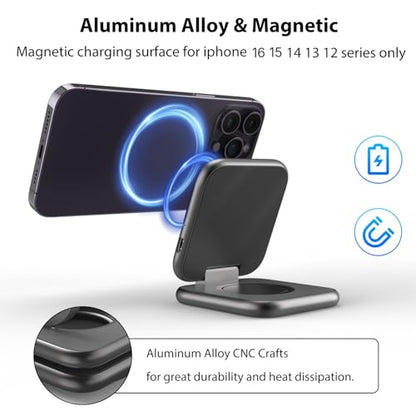 2 in 1 Foldable Mini Travel Wireless Charger Stand for Apple, KUXIU Aluminum Alloy Magnetic Charging Station Compatible with iPhone 15/14/13/12Pro/Max, 5W Fast Charging Watch 9/8/7/Ultra2, AirPods Pro - color: Gray