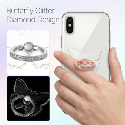 4pcs Transparent Butterfly Phone Ring Holder Clear Butterfly Phone Case Ring 360°Rotation Finger Holder Grip Compatible with Most Smartphones Tablets Cellphone Case