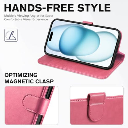 TUCCH Wallet Case for iPhone 15 (6.1") 2023, Flip Stand, Hot Pink | RFID Blocking, 4 Card Holders, Kickstand, PU Leather, Shockproof TPU Shell, Magnetic Closure, Protective Folio Cover - color: Hot Pink