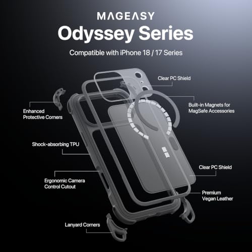 MAGEASY Odyssey MagSafe Crossbody iPhone Case with Strap for iPhone 18 Pro Max & 17 Pro Max, 20ft Drop Protection, TPU Leather Shoulder Phone Carrying Case with Adjustable Lanyard (Midnight) - color: Midnight, size: iPhone 18 Pro Max