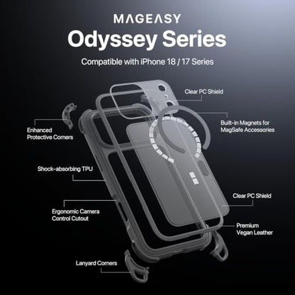 MAGEASY Odyssey MagSafe Crossbody iPhone Case with Strap for iPhone 18 Pro Max & 17 Pro Max, 20ft Drop Protection, TPU Leather Shoulder Phone Carrying Case with Adjustable Lanyard (Midnight) - color: Midnight, size: iPhone 18 Pro Max