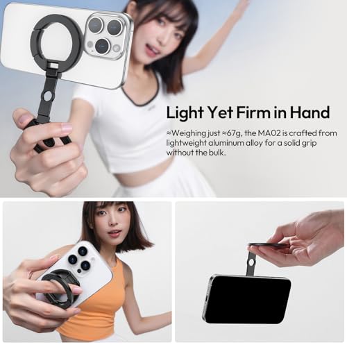ULANZI MA02 Dual Magnetic Ring Phone Grip Stand, Aluminum for MagSafe Gym Kickstand Compatible with iPhone 17-12 Series, Foldable Phone Tripod Mount with 1/4" Screw for Live Streaming Vlog, Silver - color: Silver
