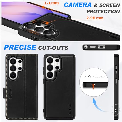 SHIELDON Detachable Wallet Case for Galaxy S26 Ultra 6.9" 2026, Retro Black | Genuine Leather, Kickstand, Magnetic Closure, RFID Blocking, Credit Card Slot, Removable, Folio Shockproof Cover - color: Retro Black