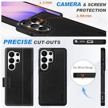 SHIELDON Detachable Wallet Case for Galaxy S26 Ultra 6.9" 2026, Retro Black | Genuine Leather, Kickstand, Magnetic Closure, RFID Blocking, Credit Card Slot, Removable, Folio Shockproof Cover - color: Retro Black