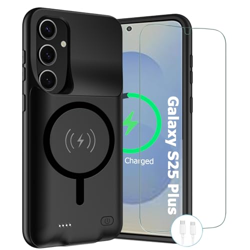 Wireless Charging Case for Galaxy S25 Plus, Upgraded 12000mAh Rechargeable Portable Charging Case Compatible with Galaxy S25 Plus 5G (6.7 inch) with Carplay Extended Battery Pack Charger Case (Black) - size: Galaxy S25 Plus -12000mAh