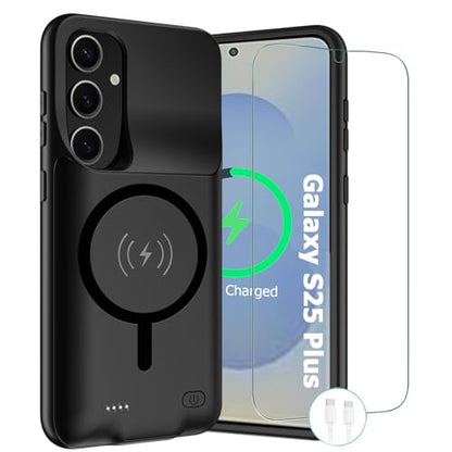 Wireless Charging Case for Galaxy S25 Plus, Upgraded 12000mAh Rechargeable Portable Charging Case Compatible with Galaxy S25 Plus 5G (6.7 inch) with Carplay Extended Battery Pack Charger Case (Black) - size: Galaxy S25 Plus -12000mAh