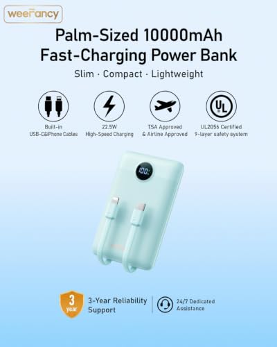 Mini Portable Charger with Built-in Cables 20W Fast Charging Power Bank USB-C Small Battery Pack 10000mAh Travel Essential Slim Battery for iPhone 17/16/15/14, Samsung 25/24, and More - color: Blue