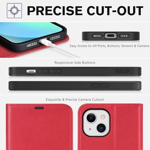 TUCCH Wallet Case for iPhone 13 (6.1") 2021, 3 Card Slots, Red | RFID Blocking, Viewing Stand, Shockproof TPU Shell, PU Leather, Magnetic Closure, Protective Folio Flip Cover - color: Red