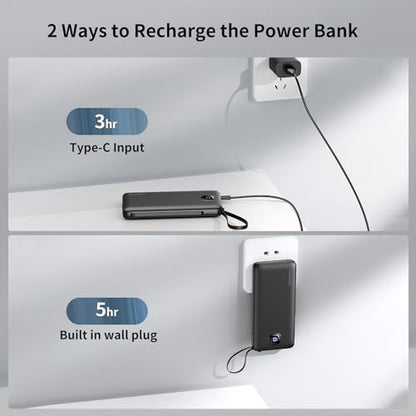 Portable Charger 10000mAh 22.5W Power Bank,Built-in 3 Cables & AC Wall Plug - color: Space Black
