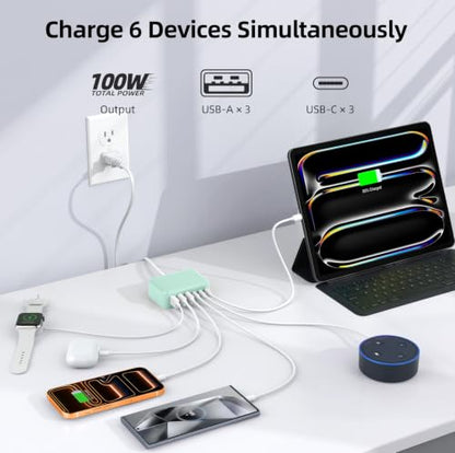 100W 6 in 1 USB Charger, 50% Smaller Charging Station for Multiple Devices - color: Light Green