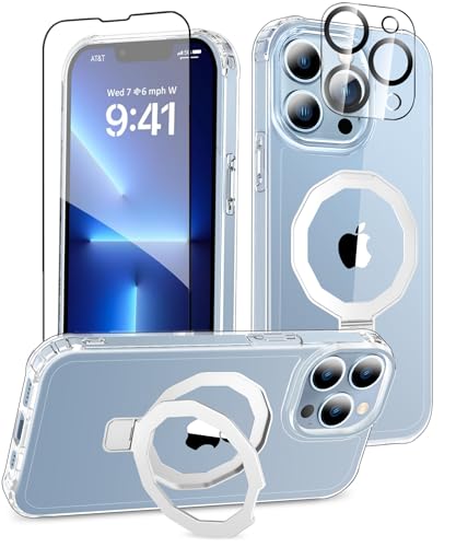 Magnetic for iPhone 13 Pro Case Built-in Seamless Stand, Clear | with Screen Protector + Camera Lens Protector, [Compatible with MagSafe] Protective Shockproof Slim Phone Case - color: Clear, size: iPhone 13 Pro 6.1"