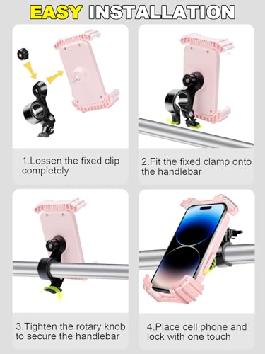 Bicycle Phone Holder,Motorcycle Handlebar Phone Mount,1S Quick Lock Release,360°Rotation Silicone Wrapped Phone Clamp Stand for E-bike,Scooter ATV Strollers Bike Phone Clip,for 4.7- 6.8"Phones - color: Pink