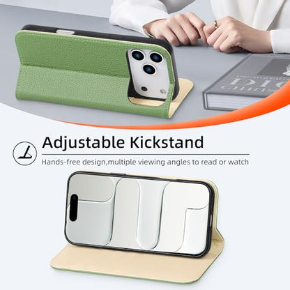 VISOUL Pebbled Leather Wallet Case for iPhone 17 Pro Max 6.9" 2025, Genuine Leather Flip Folio Cover with RFID Blocking Card Holders, Kickstand, Soft TPU Protective Flip Cover -Green+Milky White - color: Green+Milky White