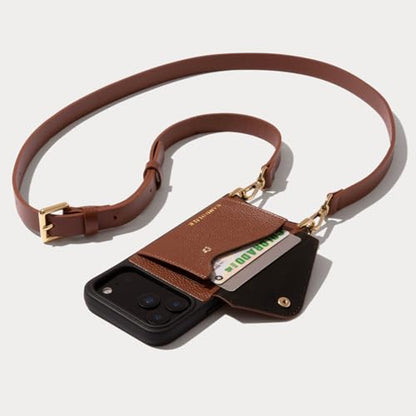 Bandolier Hailey Leather Crossbody Phone Case iPhone 16 Pro- Cognac | Crossbody leather phone case. Built-in wallet w/ snap-closure. Adjustable & removable leather strap. Phone drop protection. - color: Cognac/Gold, size: iPhone 16 Pro