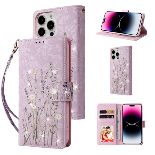 UEEBAI Wallet Case for iPhone 13 Pro, PU Leather Phone Cover Kickstand RFID Blocking Flip Case Card Slots Wrist Strap Relief Engraved Pattern Magnetic Closure Flower Folio Wallet, Lavender - color: Lavender, size: iPhone 13 Pro