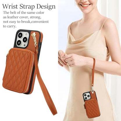 Phone Case for iPhone 14 Pro 6.1 inch Wallet Cell Cover with Tempered Glass Screen Protector Wrist Crossbody Strap RFID Blocking Card Holder iPhone14Pro 5G i i-Phone i14 iPhone14 4 14Pro Women Brown - color: Brown