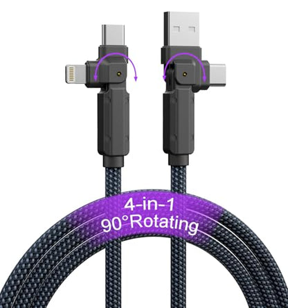90 Degree USB C Cable for iPhone 17 16 Pro Max, 4in1 USB-C/A to C/Lightning Cable 6FT, 60W Fast Multi Charging Cord with 90° Rotating Swivel USBC/Lightning Adapter for Apple 15 14 13,Carplay,Auto