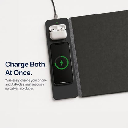 Wireless Charging Mouse Pad & Desk Mat with Detachable MagSafe-Compatible & Qi Charger, Charges Phone + Earbuds, Hidden Storage, XL Vegan Leather Mouse Pad, 30.7" × 14.6"(Grey) - color: Gray