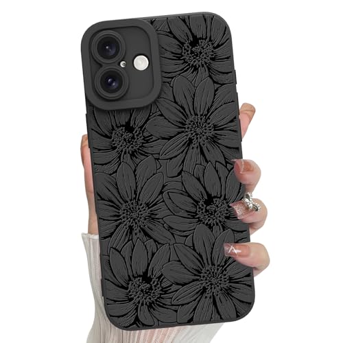 MZELQ for iPhone 16 Case Sunflowers Floral Pattern -Black | Silicone Flowers Cute, Camera Protection Soft Slim Phone Cover for Girls Women - color: Black-Sunflower, size: iPhone 16