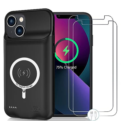 Wireless Charging Case for iPhone 13, 10000mAh High Capacity Portable Rechargeable Protective Battery Case Wireless Charging Compatible with iPhone 13 (6.1 inch) Extended Battery Charger Case (Black) - size: iPhone 13