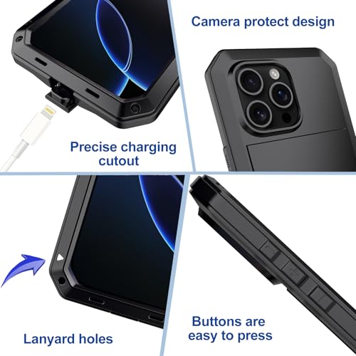 for iPhone 16 Pro Max Metal Case 6.9",Heavy Duty Shockproof Aluminum Alloy Tough Armour Military Phone Case,360 Full Body Protective Cover with Silicone Built-in Screen Protector - Black - color: Black