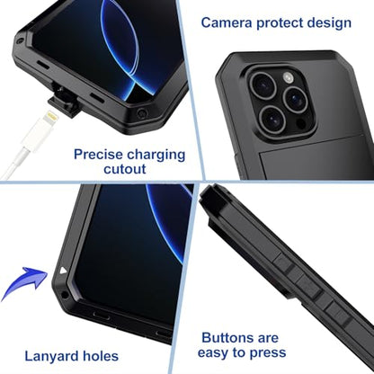 for iPhone 16 Pro Max Metal Case 6.9",Heavy Duty Shockproof Aluminum Alloy Tough Armour Military Phone Case,360 Full Body Protective Cover with Silicone Built-in Screen Protector - Black - color: Black