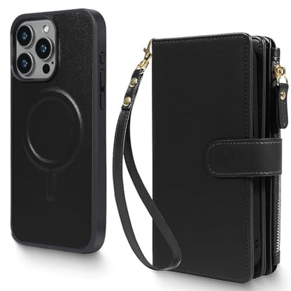 Magnetic Case for iPhone 16 Plus Wallet Compatible with Magsafe RFID Blocking Card Holder Detachable Phone Cover Kickstand Snap Strap Zipper Pocket PU Leather 6.7 inch 2024 (Black) - color: Black, size: iPhone 16 Plus