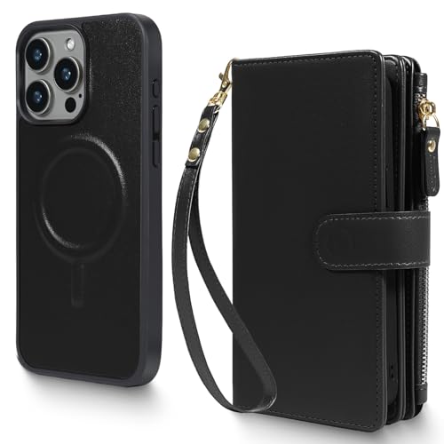 Magnetic Case for iPhone 16 Pro Wallet Compatible with Magsafe RFID Blocking Card Holder Detachable Phone Cover Kickstand Snap Strap Zipper Pocket PU Leather 6.3 inch 2024 (Black) - color: Black, size: iPhone 16 Pro