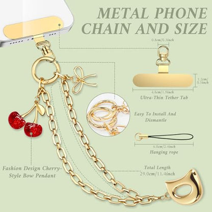 Phone Wrist Strap Phone Charm Strap with Bow & Cherry&letters Metal Phone Chain Tab Adjustable length - color: D