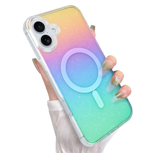 Cute Glitter Case for iPhone 16 Case, Iridescent Colors | Compatible with Magsafe, Clear Girly Aesthetic Gradient Rainbow Sparkly Bling Magnetic Phone Cover for Women Girls - color: 09 Iridescent Glitter, size: iPhone 16 (6.1 inch)